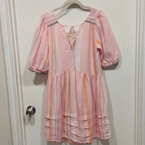 Lemlem x H&M Striped Pink 100% Linen Mini Dress Sz S-Casual Boho Beach Vacation